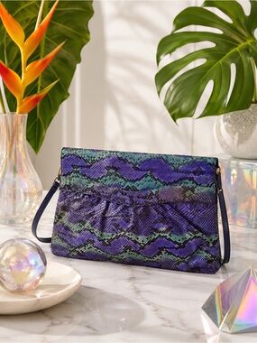 Multicolor Genuine Python Foldover Clutch / Crossbody – Purple & Teal Exotic Bag